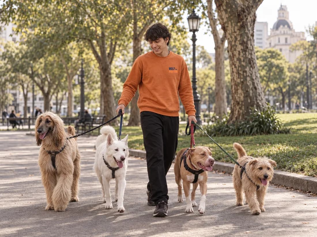 Benja camina con un grupo de cuatro perros en el parque