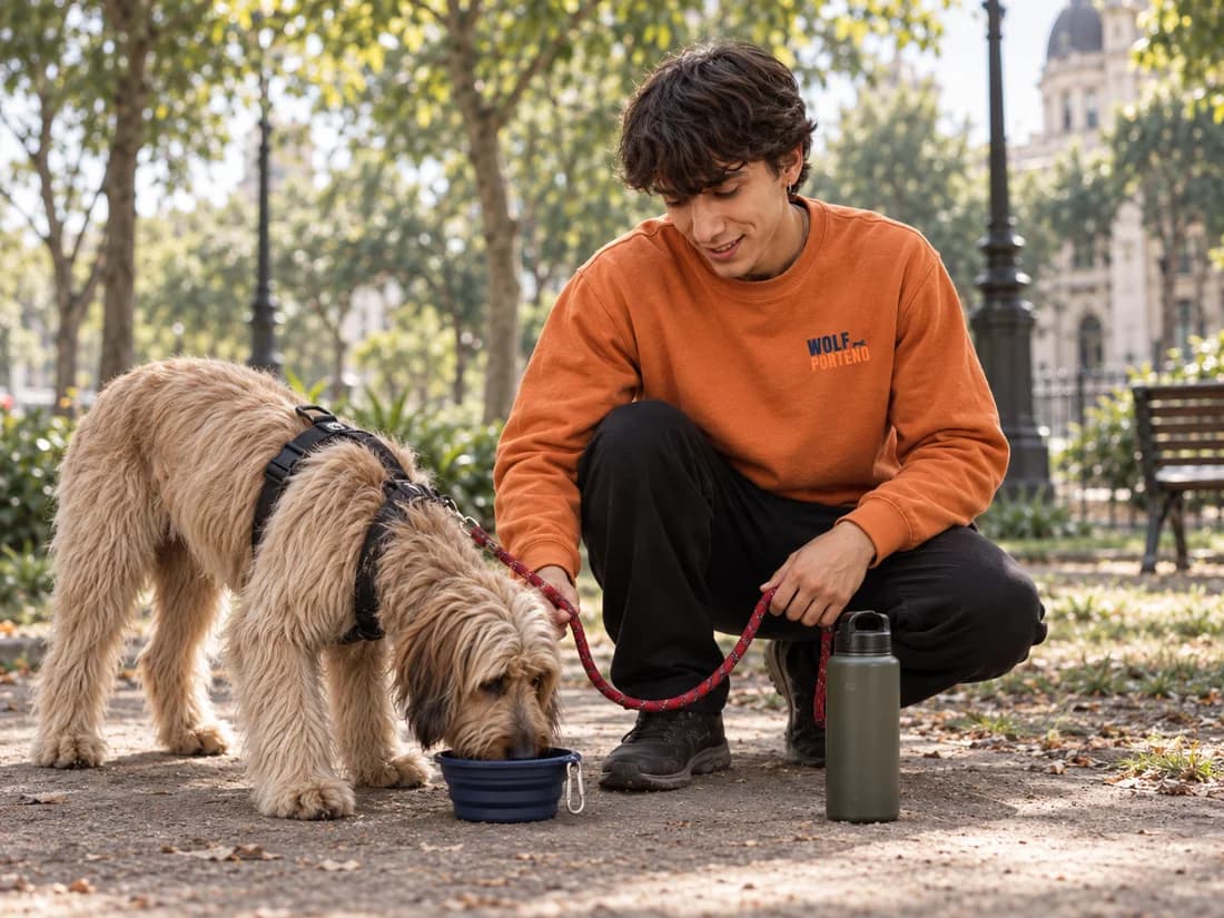 Benja acompaña a un perro durante una pausa para tomar agua